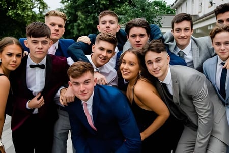 Un grupo de estudiantes de la Abbotsholme School posa afuera frente a árboles y edificios para una foto grupal.