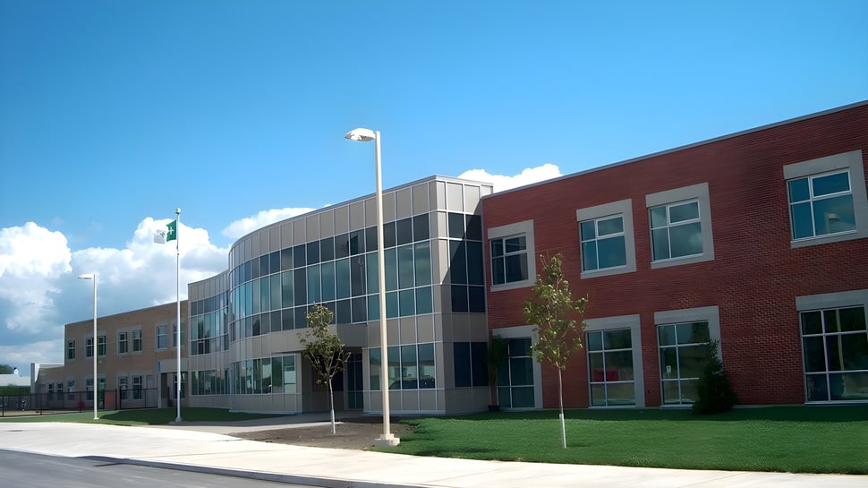 El moderno edificio de ladrillo de la École secondaire publique L'Académie de la Seigneurie con grandes ventanas y una zona verde en primer plano.