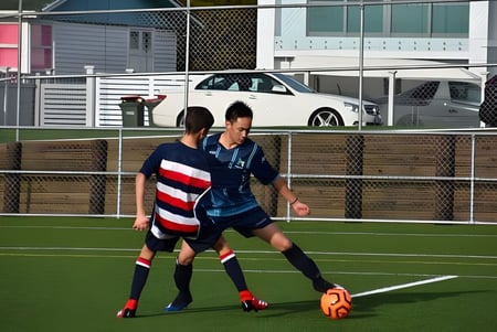 Dos estudiantes del ACG Parnell College juegan al fútbol en el campo con edificios y un coche blanco de fondo.