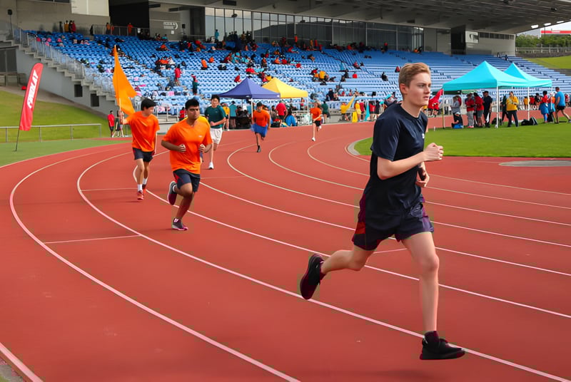 Los atletas corren en la pista frente al estadio en el campus de la ACG Sunderland.