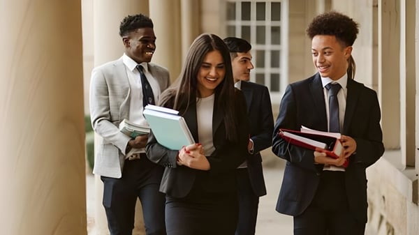 Un grupo de estudiantes de la Ackworth School camina juntos frente a un edificio con columnas y llevan libros y carpetas.