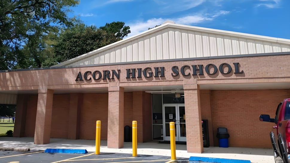 El edificio de la Acorn High School es de ladrillo y madera y se encuentra frente a un cielo azul claro con árboles.