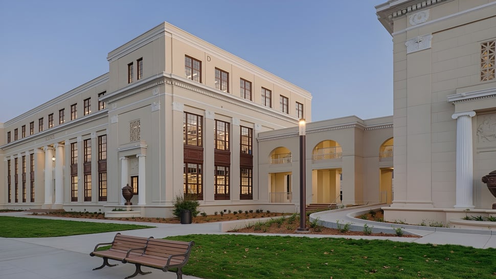 El edificio principal neoclásico del Alameda Unified School District está rodeado de un césped bien cuidado.