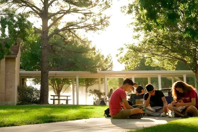 Un grupo de estudiantes de la Albuquerque Academy está sentado en la pradera en un área exterior rodeada de árboles.