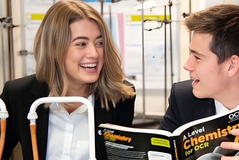 Dos estudiantes de la Aldenham School conversan animadamente mientras sostienen libros de texto.