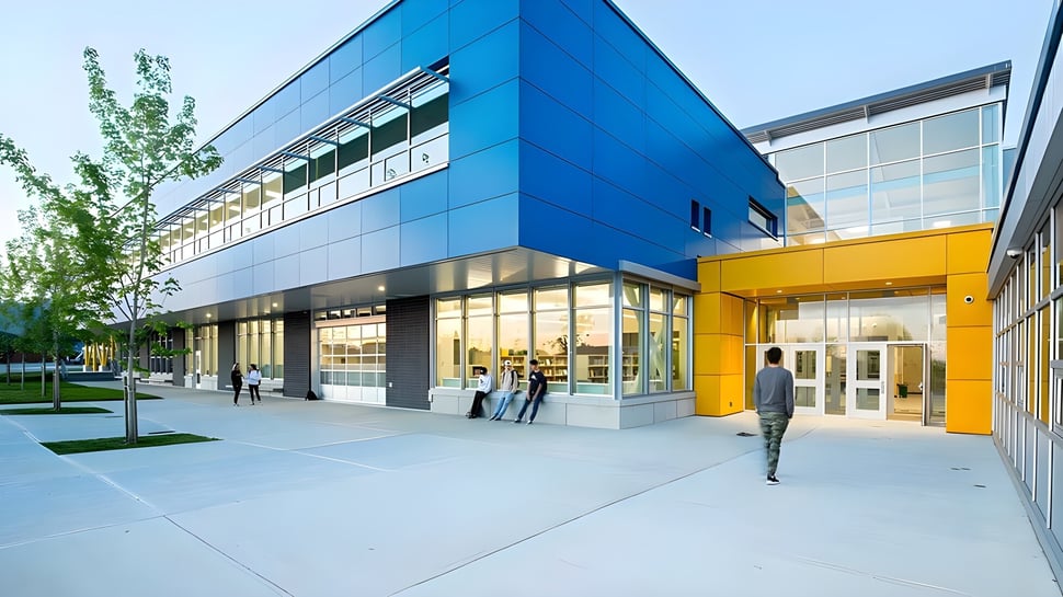 El edificio de varios pisos de la Alpha School con fachada azul y acentos amarillos está rodeado de una acera y vegetación.