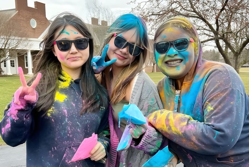 Tres estudiantes de la Andrews Osborne Academy están en ropa colorida y gafas de sol frente a una casa en el campo.