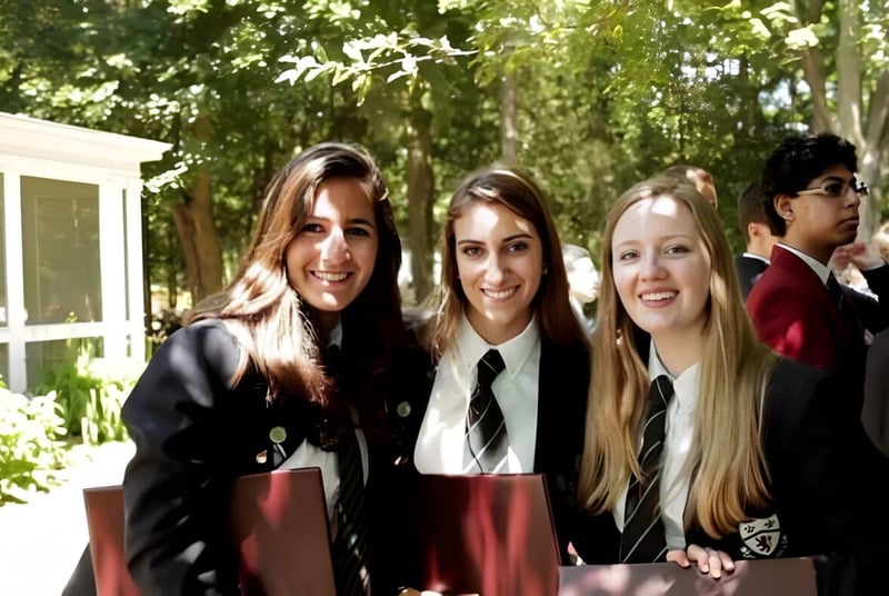 Un grupo de estudiantes posando en el verde en el campus del Ashbury College frente a árboles y un edificio.