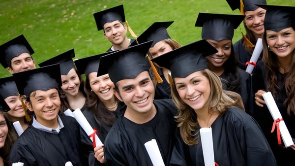Un grupo de graduadas y graduados del Athlone Community College está de pie en un campo de césped con vestimenta de graduación.