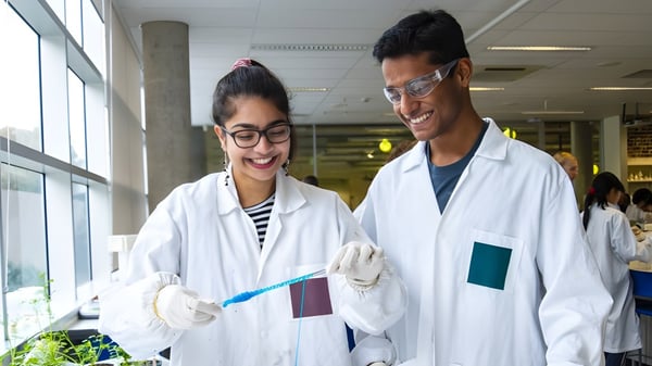 Dos personas con batas de laboratorio blancas conversan en el laboratorio de la Australian Science and Mathematics School.