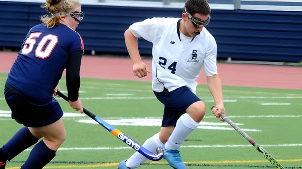 Dos estudiantes de la Ballinteer Community School juegan un partido de hockey sobre césped en el campo deportivo azul.