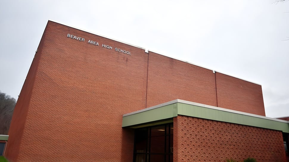 El gran edificio de ladrillo con entrada verde de la Beaver Area High School bajo un cielo nublado.