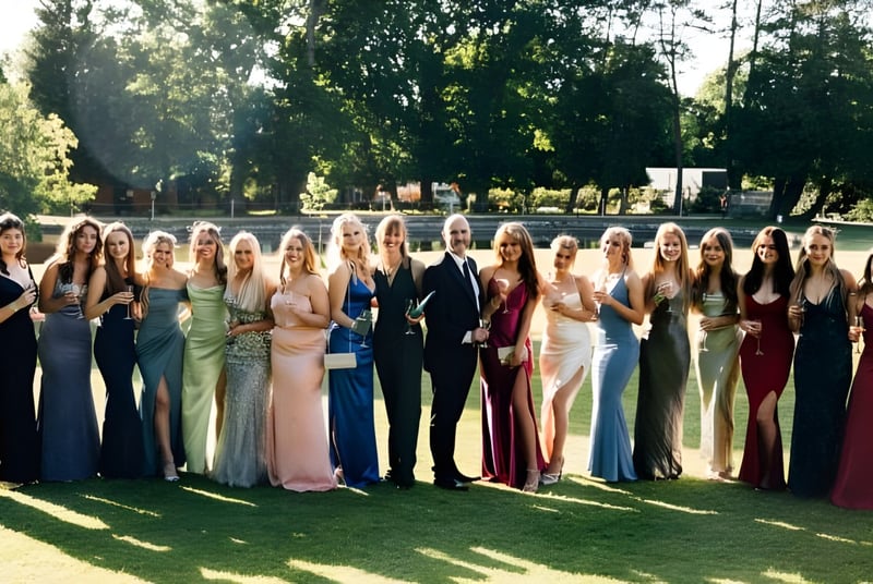 Un grupo de principalmente jóvenes estudiantes de la Bede's Senior School está de pie juntos en una pradera con árboles al fondo.