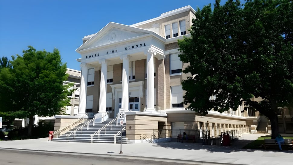 El edificio del Boise School District está rodeado de columnas blancas y árboles verdes en un día soleado.