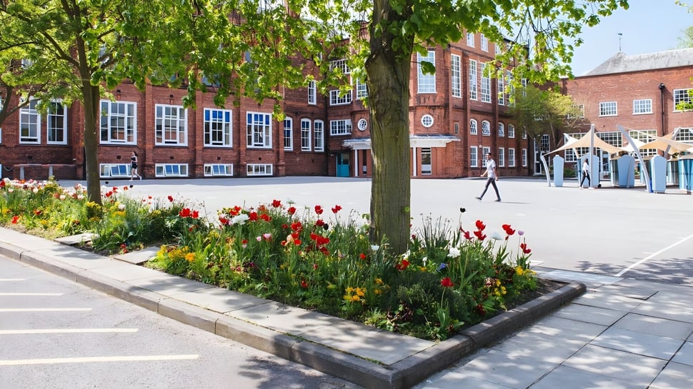 El edificio de Bootham School se ve detrás de un camino con tulipanes coloridos y un denso dosel de árboles.