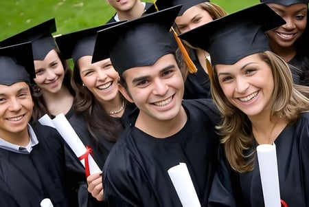 Las graduadas y graduados del Boston College están juntos al aire libre en sus togas y birretes negros.