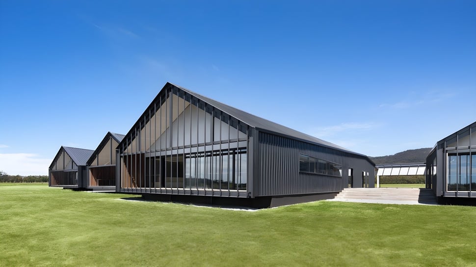 El moderno edificio del Braemar College se encuentra en un prado bajo un cielo azul claro.