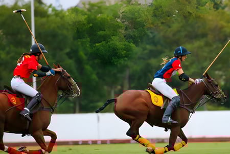 Dos jinetes juegan al polo en el campo de Branksome Hall frente a un paisaje verde.