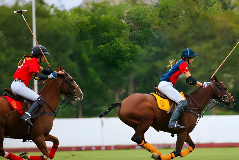 Dos jinetes juegan al polo en el campo de Branksome Hall frente a un paisaje verde.