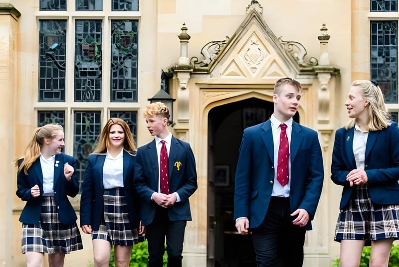 Los estudiantes están frente al edificio gótico en el campus de la Bredon School.