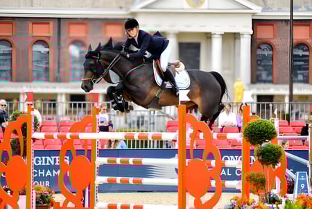 Un jinete salta con un caballo marrón sobre un obstáculo naranja en una competencia al aire libre en el terreno de la Brentwood School.