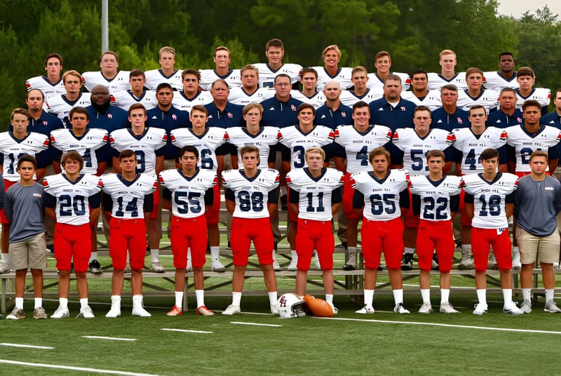 Un grupo de jugadores de fútbol está en el campo de fútbol de The Brook Hill School frente a unos árboles.
