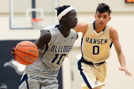 Dos jugadores de baloncesto luchan en la cancha de la Byrne Creek School por el balón.