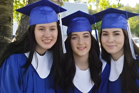 Tres estudiantes de la Caledonia Secondary School posan juntas en el bosque con vestidos de graduación azules.