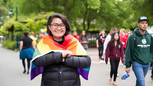 Una persona sonriente con una colorida bufanda de arcoíris está en un camino bordeado de árboles en el campus de la California State University Long Beach.