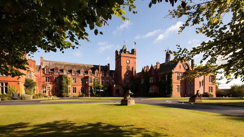 El edificio histórico de ladrillo con torres y miradores se encuentra en el campus del Campbell College en un patio rodeado de árboles.