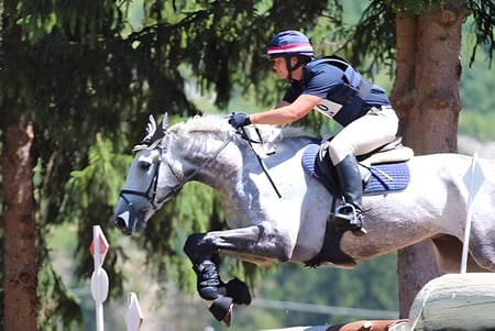 Una estudiante del Carfax College está montando un caballo blanco en un entorno boscoso.