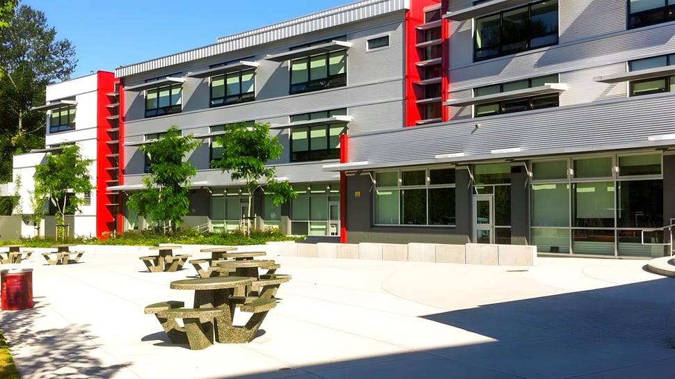 El moderno edificio de varios pisos de la Carson Graham Secondary School con grandes ventanas y acentos rojos se encuentra detrás de un patio pavimentado con bancos de madera.