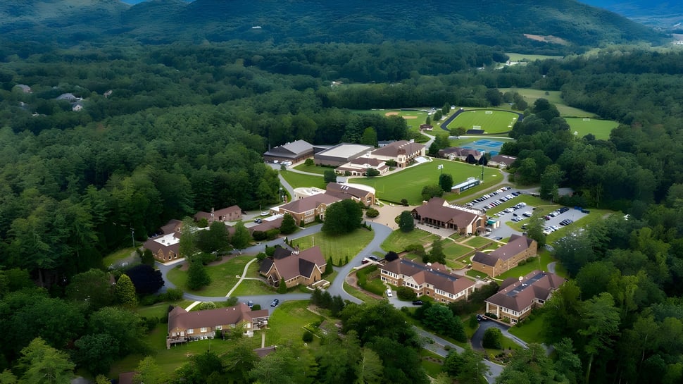 Un pintoresco paisaje de pueblo con bosques verdes y edificios en el terreno de la Christ School.