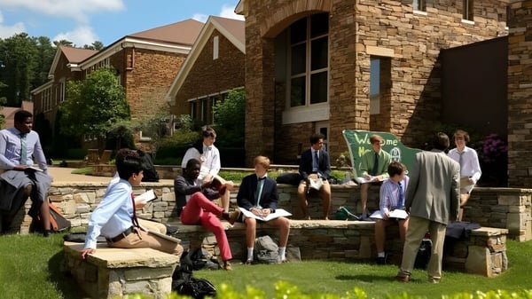 Un grupo de adultos y estudiantes está en escaleras de piedra frente al gran edificio de ladrillo de la Christ School.