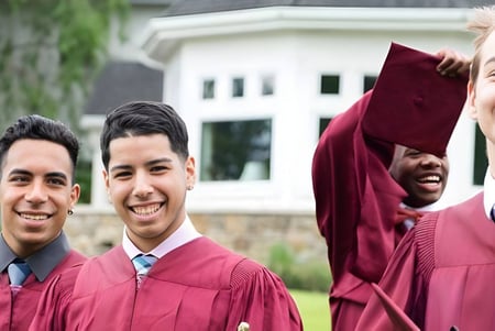 Cuatro estudiantes de la Church Farm School celebran en togas rojas de graduación frente a un edificio con sauce.