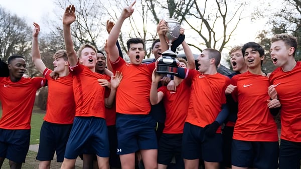 Un grupo de jóvenes futbolistas celebra juntos en el campo deportivo de Coláiste Chill Mhantáin.