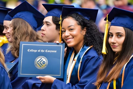 Las graduadas y graduados del College of the Canyons están juntos en togas azules y sosteniendo sus diplomas.