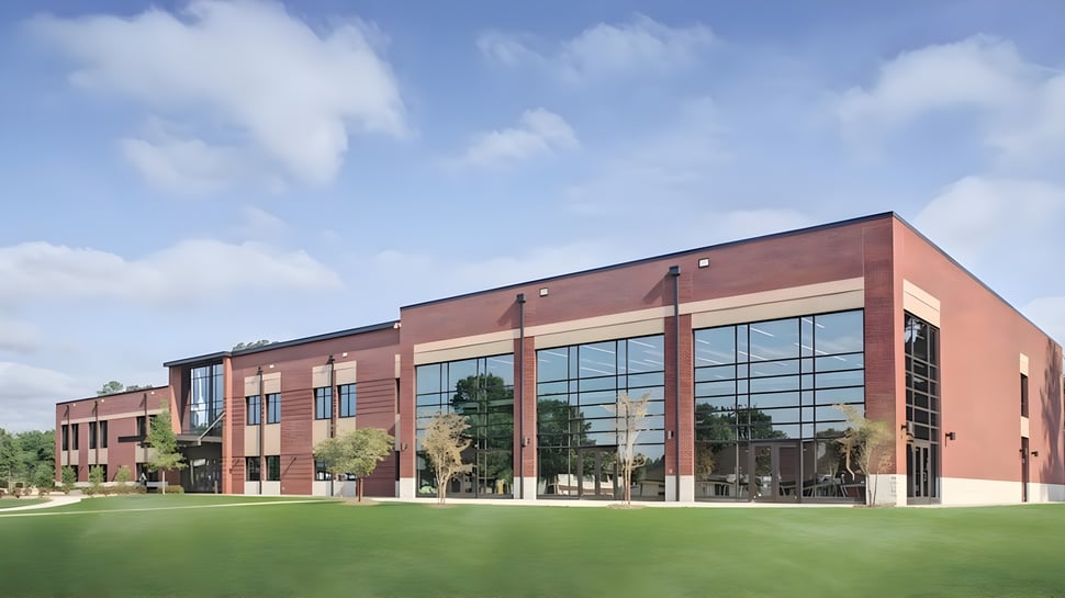 El moderno edificio de ladrillo de la Covenant Day School se encuentra en un área verde bajo un cielo azul.
