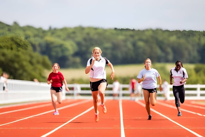 Un grupo de corredoras sprinta en la pista en el campo deportivo de Dauntsey’s School frente a un fondo boscoso.