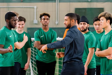 Un grupo de estudiantes del David Game College discute en el centro deportivo con su entrenador una estrategia de equipo.