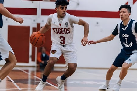 Dos estudiantes de la David Thompson Secondary School en Vancouver luchan por el balón en la cancha de baloncesto.