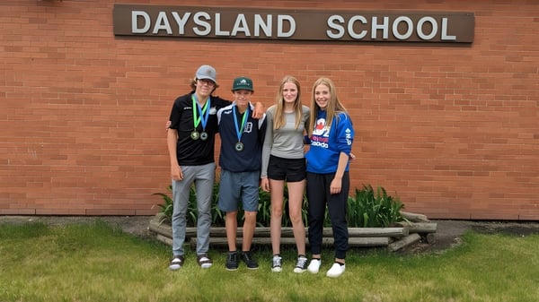 Un grupo de estudiantes se encuentra frente al edificio de ladrillo de la Daysland School.