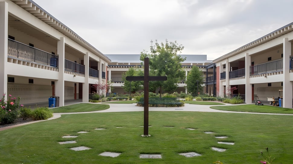 El hogar con un centro cubierto de hierba y edificios de dos pisos rodea el área interior del De la Salle College (Macroom).