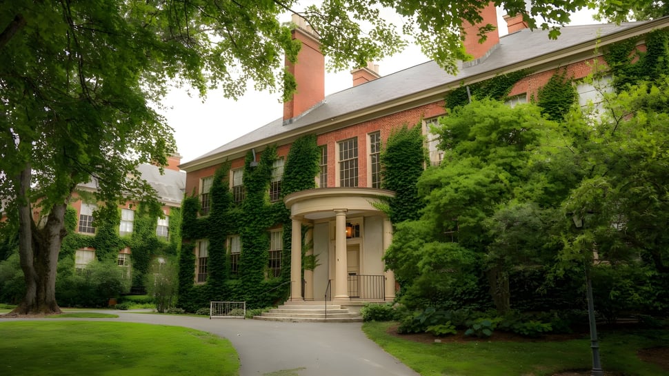 El edificio principal de la Deerfield Academy está rodeado de altos árboles y césped bien cuidado.