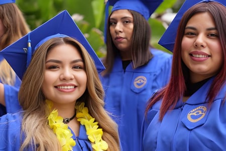 Un grupo de estudiantes de Desert Sands Schools lleva trajes y birretes azules al aire libre en un entorno verde.