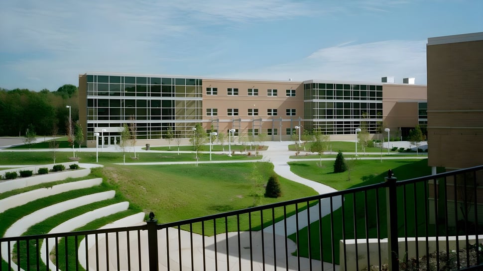 El moderno edificio de varios pisos de la Dexter High School con paredes de vidrio y un patio verde en primer plano.