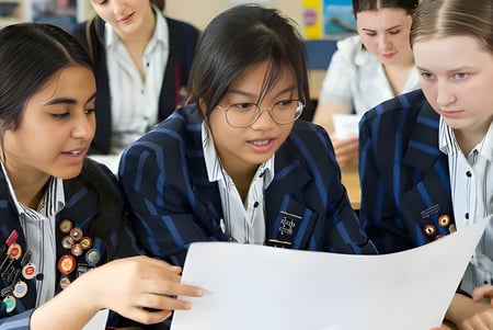 Un grupo de alumnas de la Diocesan School For Girls trabaja concentradamente en un documento en la mesa.
