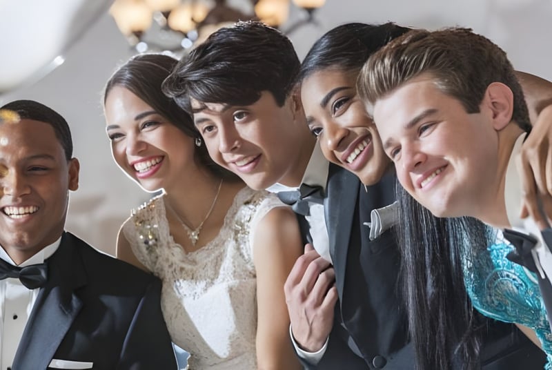 Un grupo de personas vestidas de forma formal posan juntas en una fiesta en el campus de la Downside School.