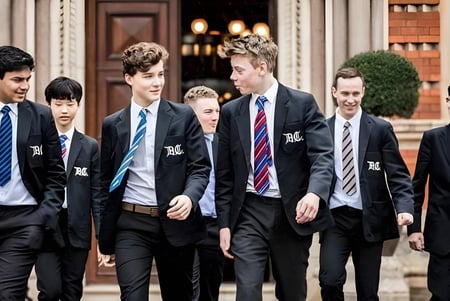 Un grupo de estudiantes del Dulwich College camina juntos por un camino pavimentado frente a un edificio histórico.
