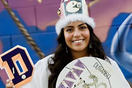 Una estudiante de la Durango High School está frente a una pared colorida con un cartel que tiene el número 1.